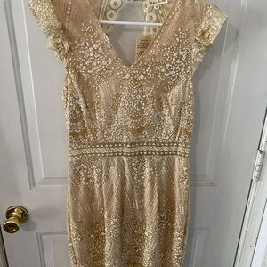 Beaded V-Neck Gold Cocktail Dress